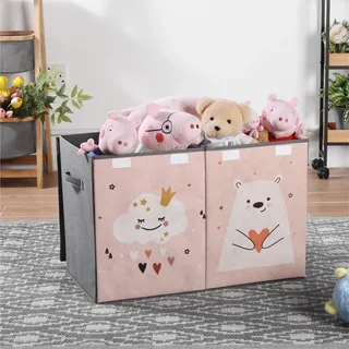 Navaris Kinder Aufbewahrungsbox groß - Spielzeug Aufbewahrung 62 x 33 x 40 cm Spielzeugkiste - XL Spielzeug Box faltbar - Tier Motiv Kiste mit Griff und Deckel - Pink