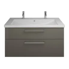 Burgbad Eqio Keramik-Doppelwaschtisch inklusive Waschtischunterschrank, Breite 1230 mm, SEYR123, Farbe (Front/Korpus): Grau Hochglanz / Grau Glänzend, Stangengriff Chrom P95