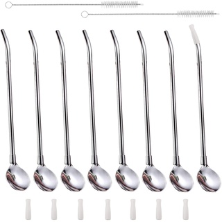 Löffel mit Strohhalm Edelstahl Longdrinklöffel Wiederverwendbare Strohhalme für Cocktail Smoothies Milchshakes mit Strohhalmspitzen Strohhalm Bürste Set von 18 Stück (21,5 cm)