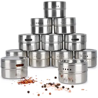 Oak & Steel – 12 Magnetische Edelstahl-Gewürzdosen (100ml, Silber) – 2-in-1 Gewürzbehälter mit Deckel und Dosierhilfe für Gewürze, Kräuter und Gewürzmischungen