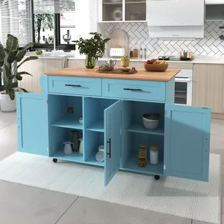 MODFU Sideboard Küchenwagen mit Rollen,klappbare Arbeitsplatte,Ablage und 2 Schubladen, Blau - Blau