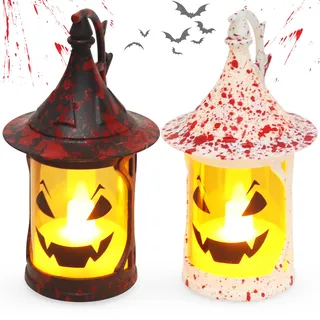 Halloween Deko Kürbis LED Kerzen, 2 Horror-Kürbis Licht LED Teelichter, Flammenlose, Batteriebetrieben, für Drinnen und Draußen, Esstische, Gärten, Partys, Karneval und Halloween-Dekorationen