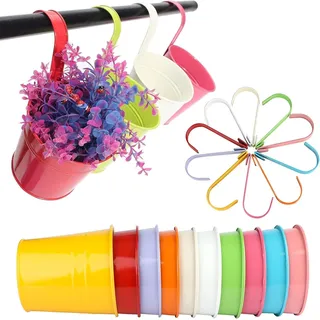 KINGLAKE Blumentöpfe zum Aufhängen Hängend aus Metall, Bunt Hänge 10Stück Garten Töpfe für Balkon, Zaun, Garten, Wand, Robuster Hängetopf mit Abnehmbarem Haken,10 x 10 x 8 cm