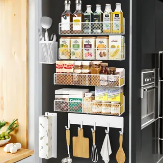 Kmise 7pcs weiß Magnetisch Gewürzregal für Kühlschrank, Hängende Metall Gewürzregal Ohne Bohren mit starken Magneten einschließlich Papierhandtuchhalter, Küchengeschirrhalter,Haken-Rack