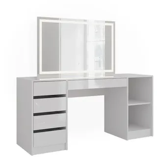 Vicco Schminktisch Sherry, 158.2 cm mit LED-Spiegel, Weiß/Weiß Hochglanz - Weiß,