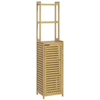 Homcom Badezimmerschrank aus Bambus Badschrank mit Schrankfach, 3 Offen Fächern, Kippschutz, für Bad, Naturholz, 38,5 x 33 x 170 cm