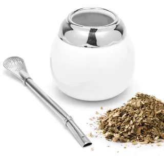 balibetov Keramik Yerba Mate Tee Set (Mate Becher - 200 ml) | Inklusive 1 Bombilla (Strohhalm) für Mate | Mate Set Leicht zu Reinigen und Sehr Widerstandsfähig (Weiß)