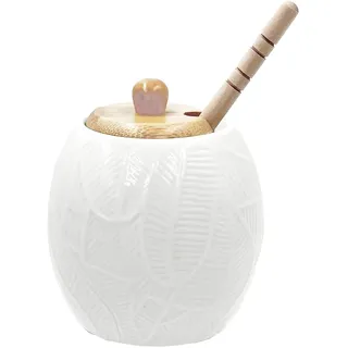 LA PORCELLANA BIANCA - Intavola Blätter Honigtopf mit Honigservierer 250 ml, Porzellan und Holz