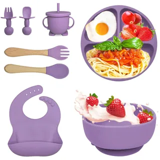 Bizcasa 8 Stück Silikon Baby Geschirrset, Rutschfest Kindergeschirr Set, Kindergeschirr mit Saugnapf, Rutschfest Baby Schüssel,Baby-Teller, Baby-Besteckset für Kleinkinder, BPA Frei (Lila)