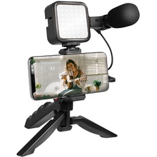 Bild von Vlogger Kit mit LED-Licht, Mikrofon + Stativ, für 4,7–7" Smartphones, Schwarz