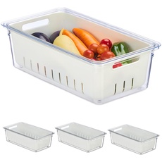 Bild Kühlschrank, 4er Set, stapelbar, Abtropfkorb, Lebensmittel Organizer mit Deckel, transparent/weiß