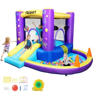 FBSPORT hüpfburg Outdoor mit gebläse hüpfburg mit Wasserrutsche Indoor, hüpfburgen Kinder 285 x 254 x 165 cm Kinder Bounce Castle mit Ball Pit Pool, Basketball Reifen, Dart Spiel, Lila