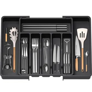 KOOSREEL Ausziehbares Utensilienfach für Schublade, Besteckbereich, Organizer für Schubladen für die Küche, Aufbewahrungsständer aus Kunststoff für Besteck, Löffel, Gabeln usw