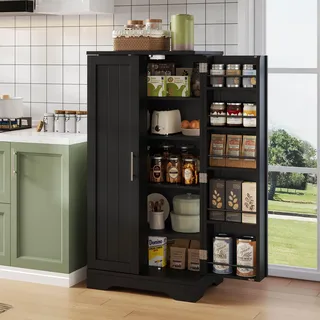 Flieks Küche Hochschrank mit LED, 2-türiger Schrank mit verstellbaren Regalböden & Türablagen, Küchenschrank für Küche, 60x40x120 cm, schwarz - Schwarz