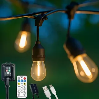 Lumiled Solar Lichterkette für Außen 10,4M S14 mit 15x LED + 2 Ersatzbirnen, Warmweiß 2700K, IP65, 8 Modi, Fernbedienung und 1200mAh Solarpanel ... Schwarz