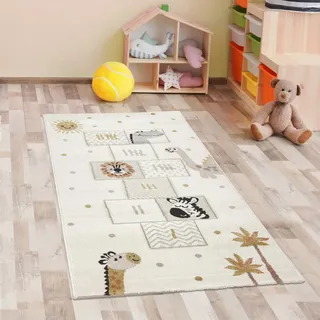 CARPETIA Kinderteppich Kinderzimmer Teppich Schlafzimmer Kurzflor Teppich weich pflegeleicht strapazierfähig Unterlage Tiere Löwe Giraffe Palmen Creme 80 x 150 cm