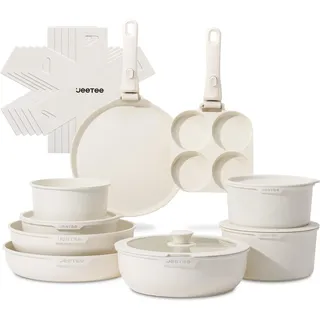 JEETEE Topfset Pfannenset mit abnehmbarem Griff 20-Teilig, Antihaft Topfset Induktion mit Lid, Stapelbar Kochtopf Set Für alle Herdarten, Outdoor Camping Kochgeschirr Set, Ofenfest, Beige