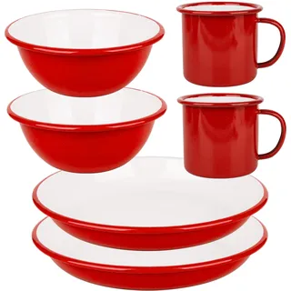 Lost & Found Cornwall 6 Piece Enamelware Enamel Mug Plate Bowl Set | Premium Emaille Esszimmer 2 Schüsseln tiefe Teller Tassen | für Outdoor Camping Wandern