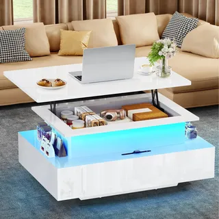 YITAHOME Couchtisch Höhenverstellbar, Wohnzimmertisch Hochglanz mit Hebeplatte,Couch Tisch Wohnzimmer mit 16-Farbiger LED Modern and 2 Schubladen