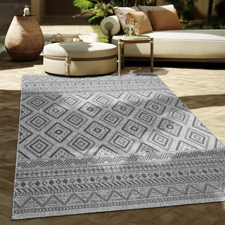 Outdoor Teppich Flachgewebe modern Boho Ethno wetterfest Außenbereich Grösse 240x340 cm - Grau
