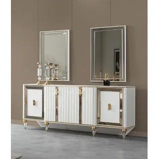 Esszimmer Sideboard Kommode Schrank mit 2x Spiegele Weiß Gold Edelstahl - Weiß