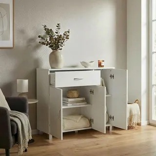 FineBuy Sideboard Weiß SETE 90 x 75 x 30 cm Schränkchen mit 1 Schublade 3 Türen Moderne Schlafzimmer Kommode Anrichte Esszimmer Schmaler Schuhschrank - Weiß