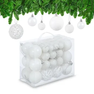 Relaxdays Weihnachtskugeln im 50er Set, glitzernde, Matte & glänzende Christbaumkugeln, Kunststoff, ∅ 3, 4 & 6 cm, weiß