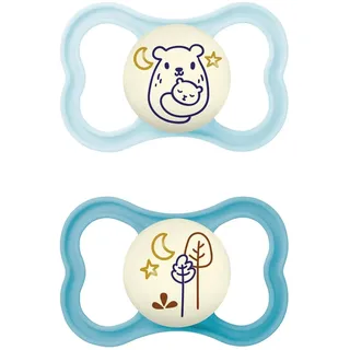 Mam Baby MAM Air Night Silikon Schnuller im 2er-Set, zahnfreundlicher und leuchtender Baby Schnuller, extra leichtes und luftiges Schilddesign mit Schnullerbox, 6-16 Monate, Bär/Bäume