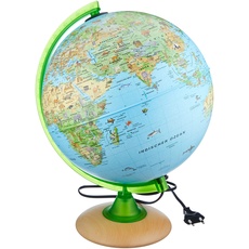 Kinderglobus KS 2525: Globus für Kinder mit vielen Abbildungen, 25 cm Durchm., heller Echtholzfuß, Meridian grün, inkl. Begeitbüchlein