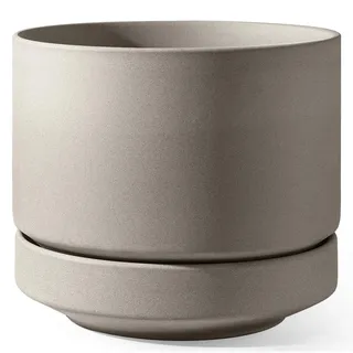 LE TAUCI Keramik Blumentopf Groß 35 cm mit Untersetzer, Großer Pflanzkübel für Außen & Innen, mit Drainageloch, Netz, Unglasiert & Atmungsaktiv, Modern für Terrasse – Neutral Grau
