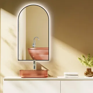 HOKO Badspiegel Bogen LED 60x100cm mit Metallrahmen, HOCH+QUER Montage, Arch Lichtspiegel+Touch Schalter+Licht Wechsel 2700-6500K, Warmweiß-Kaltweiß - Schwarz