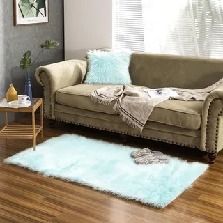 Teppich Wölkchen Schaffell Lammfell Imitat Fellteppich Kunstfell Teppich Waschbar - Flauschiger Teppich Wohnzimmer, Bettvorleger Schlafzimmer - Mint Grün - 80x150 cm