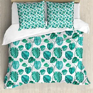 ABAKUHAUS Grünes Blatt Bettbezug, Regenwald-Dschungel-Blatt, Milbensicher Allergiker geeignet mit Kissenbezügen, 200 cm x 200 cm - 80 x 80 cm, Sea Green Teal weiß - Grün