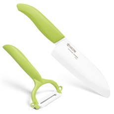 Kyocera GEN GREEN Cut & Peel Set Keramik Santoku Messer mit Schäler, Klinge 14 cm, ergonomischer Griff, extrem scharfes Küchenmesser und Sparschäler, Kochmesser Profi Messer