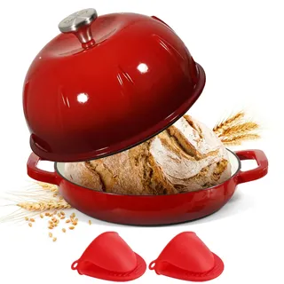 Davivy 5,35L Gusseisen-Brotbacktopf (Kirschrot, mit Mini-Ofenhandschuhe) | 25cm Emaillierter Gusseisen Topf Brot Backen, Dutch Oven mit gewölbtem Deckel, ideal für Sauerteigbrot und Backen
