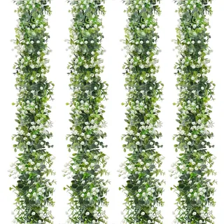 SOMYTING 4 Stück Künstliche Eukalyptus Girlande Grüne Handgemachte Girlandes Weiße Blume Girlande für Hochzeitshintergrund Bogen Wanddekoration Reben Blätter UV-geschützt Drinnen und Draußen
