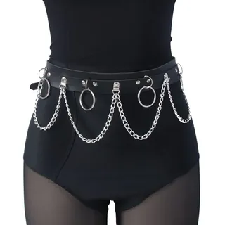 Crazy Bean Punk KettengüRtel Taille KöRperkette GüRtel Schwarz Leder Taillenkette GüRtel Verstellbare TaillengüRtel füR Rock Rave Damen MäDchen(A)