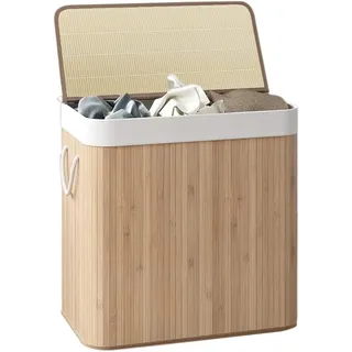 Comart - Wäschekorb aus Bambus - 150 l - 3 Fächer - platzsparender Korb - zusammenklappbar - mit Deckel und Griffen - herausnehmbares Innenfutter - für Handtücher und Wäsche - für Wäsche und Bad