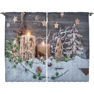 ABAKUHAUS Weihnachten Rustikaler Gardine, Kerzen mit Laternen, Schlafzimmer Kräuselband Vorhang mit Schlaufen und Haken, 280 x 175 cm, Weiß Braun