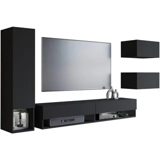 P & B Wohnwand , Schwarz , Holzwerkstoff , 4-teilig , 5 Fächer , 270x130x32.5 cm , Fsc , hängend , Wohnzimmer, Wohnwände, Komplette Wohnwände