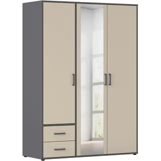 Drehtürenschrank RAUCH "Kleiderschrank Schrank Garderobe Wäscheschrank VOYAGER", beige (champagner), graumetallic, B:140cm H:194cm T:53cm, Holzwerkstoff, Schränke, Drehtürenschrank, mit modernen Griffen in Graumetallic, inkl. Schubkästen und Spiegel