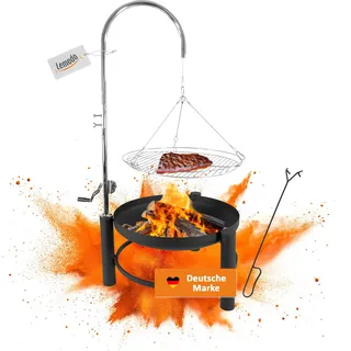 Holzkohlegrill mt schwenkbarem Grillgitter, Feuerschale, Schwenkgrill mit Kurbel