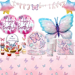 Schmetterling Geburtstag Deko Set, 92 PCS Partygeschirr für 20 Gäste mit Großer Schmetterling Folienballon Partyzubehörset Rosa Mädchen Tortenstecker Pappteller Tassen Servietten Tischdecke