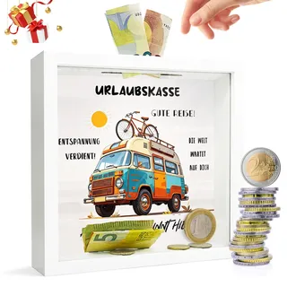 Urlaubkasse Spardose Urlaub Reisekasse Geschenk - Geldgeschenk Sparschwein Spardose Reisen Sparbox Urlaubskasse aus Holz Wunscherfüller Verpackung Geld Sparen für alle Weltenbummler und Reiseliebhaber