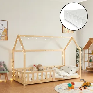 Hausbett ‘Hesel’ für Kinder mit Matratze Rausfallschutz Lattenrost 90 x 200 cm Holzoptik - Naturbelassen