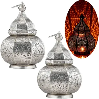 2er Set Tischlampe Orient Lampe Leuchte Boho Silber Metall 30cm Orientalisch Bad