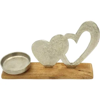 Kandelaar für Stumpenkerzen - dekoratives Herzdesign - 1 Stück - Silber - Mangoholz und Metall
