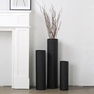 Dnnnii 3 Vasen Set - Hohe Zylindervasen aus Metall Schwarz, Moderne Wabenstruktur, Große Stehvasen für Wohnzimmer (Höhe bis 70cm, Raumdekoration)