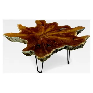 Teak Couchtisch LUHU - ca. 80x100 cm Tischplatte aus massiver Wurzelholz Baumscheibe im rustikalen Landhausstil