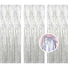 AILEXI 3er Pack Metallic Lametta Vorhänge Folie Fransen Schimmer Luftschlangen Vorhang Tür Fenster Dekoration für Geburtstag Hochzeitsfeier Lieferungen 3ft * 8ft - Laser Silber